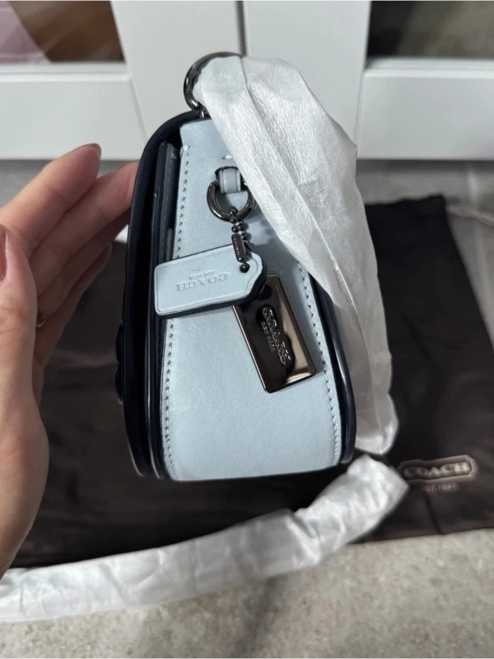 Coach Pale Blue Floral Leather Crossbody with Gunmetal Chain - Picture 12 of 13